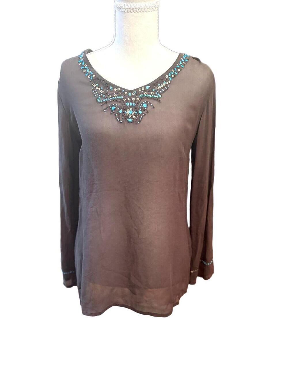 Y2k Boho festival sheer silk beaded blouse S